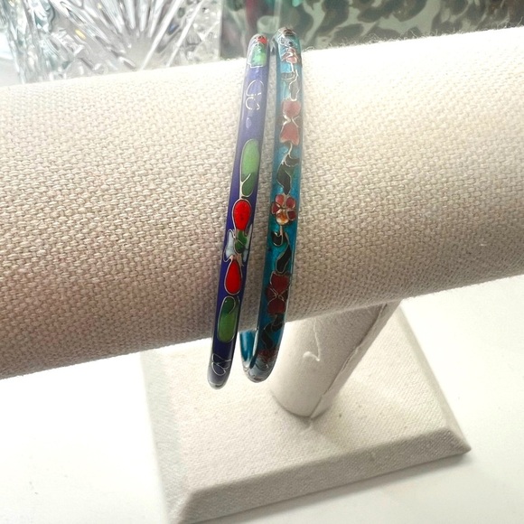 Cloisonné Floral Enamel Bangle Set - Blue and Green - Picture 1 of 3